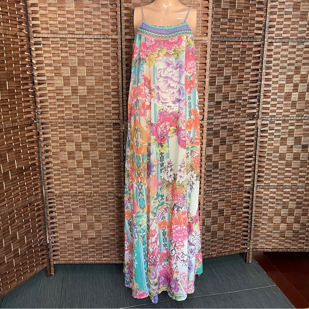 Floral Multi-Color Maxi Dress / Cover-Up with Spaghetti Straps, Boho Festival, S